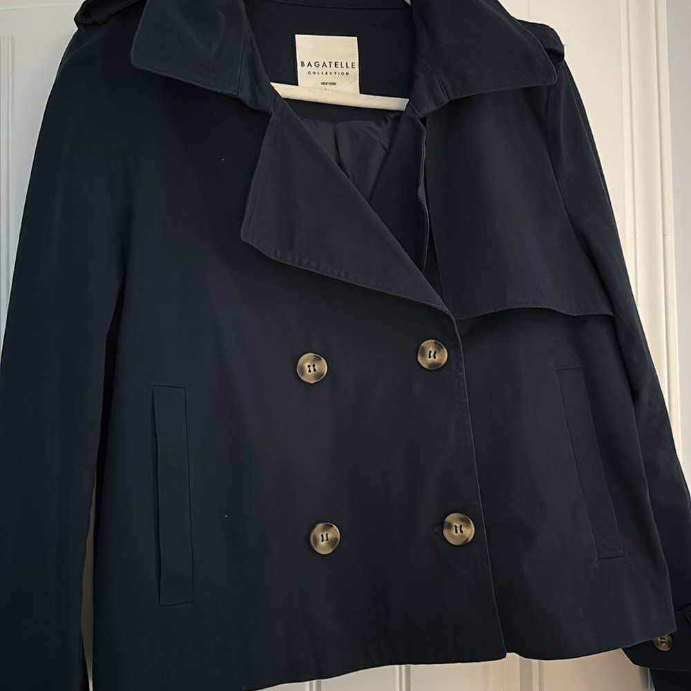 Bagatelle Women's Navy Blue Double-Breasted Cropped Trench Coat Jacket